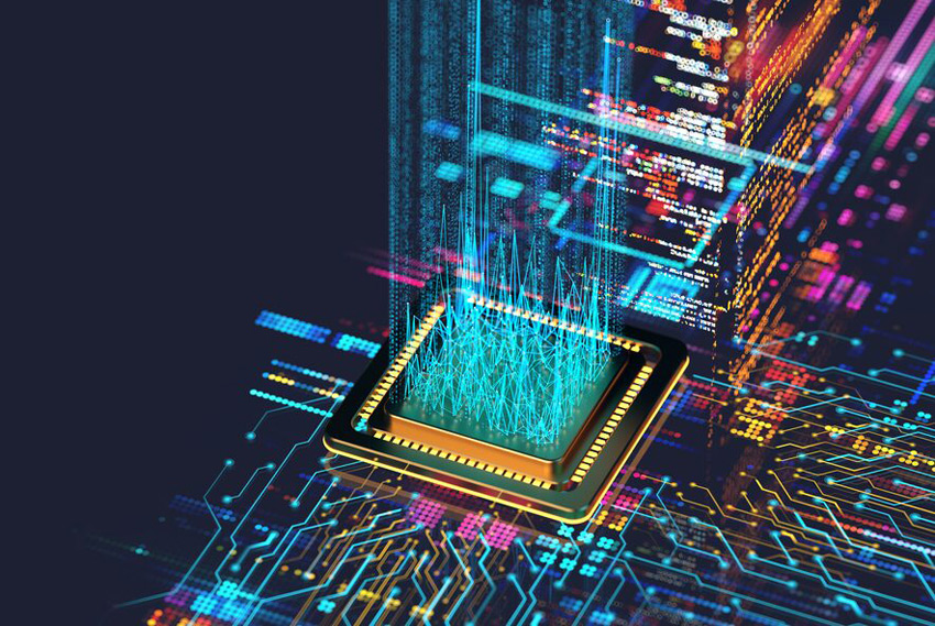 Multicolored circuit board and computer chip generating signals and data