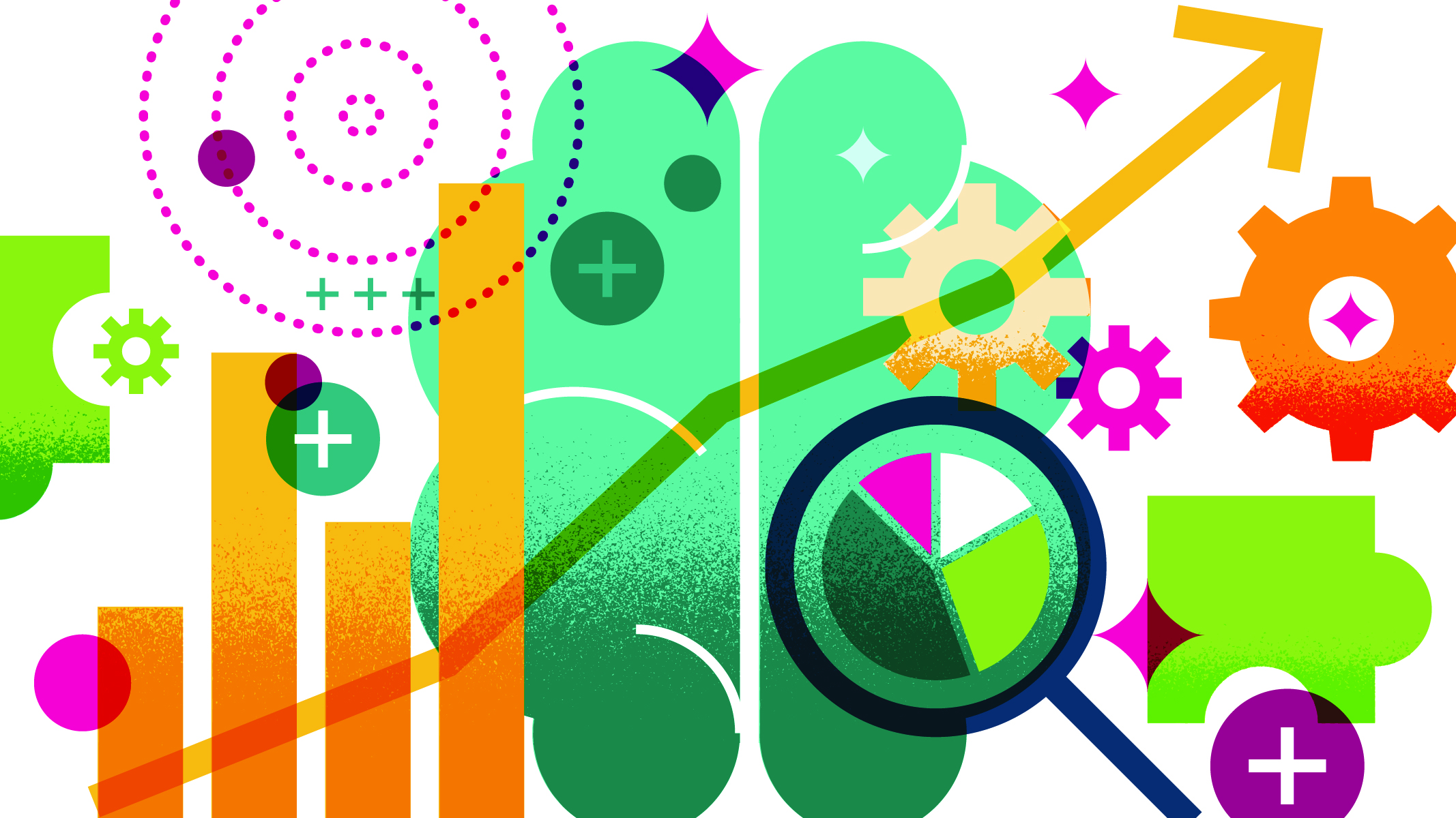 Colorful abstract illustration with bar charts, a magnifying glass over a pie chart, gears, and a brain-like shape, symbolizing HR data analysis and compensation research.